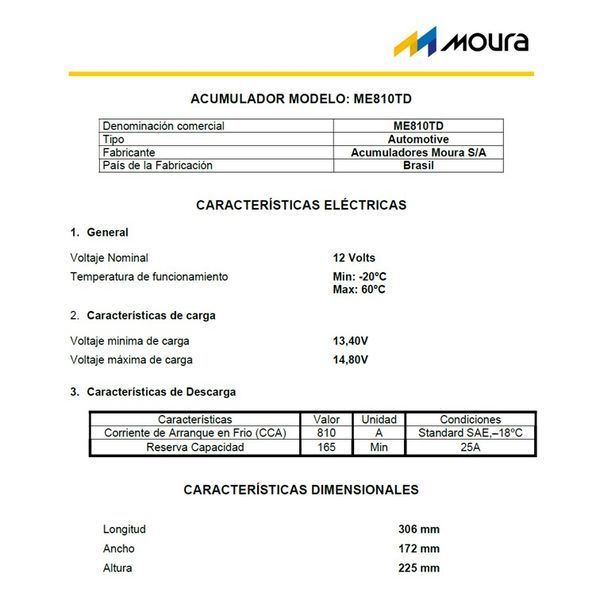 BATERÍA 12V 90AH 810CCA - BORNE FRONTAL - BORNE + DERECHO (MOURA)