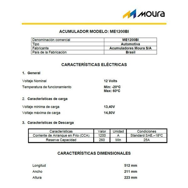 BATERIA 12V 180AH 1200CCA - BORNE LATERAL - BORNE + IZQUIERDO (MOURA)