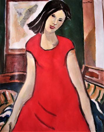 Michel de Gouttes - Jeune fille à la longue robe rouge (etude) 