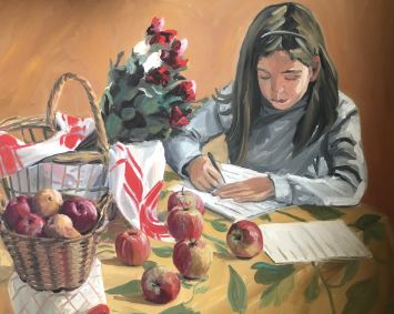 Michel Jean - Jeune fille étudiant devant un panier de pommes et de fleurs. 