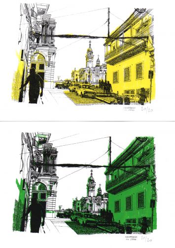 Thierry Machuron - Santiago de cuba - sérigraphie en diptyque vert jaune et noir 