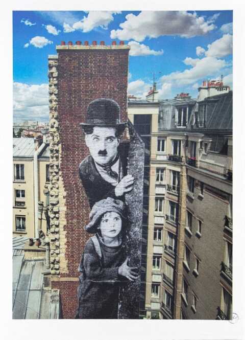 JR - Unframed, Charlie Chaplin revu par JR, The Kid, Charlie Chaplin & Jackie Coogan, USA, 1923, de jour Paris