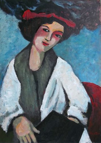 Michel de Gouttes - Portrait au chapeau rouge avec sac 