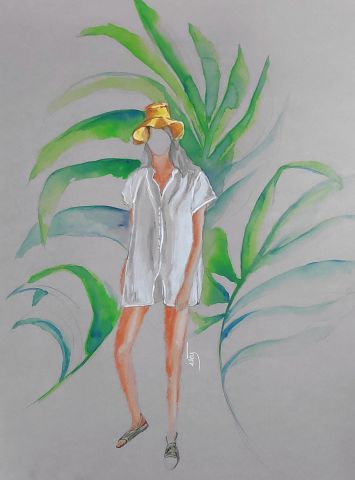 Isabelle Joubert - Chapeau jaune et feuille de palmier