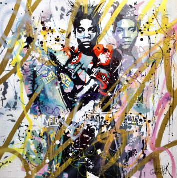 Basquiat and Warhol, street art and pop art melody, pink and gold version