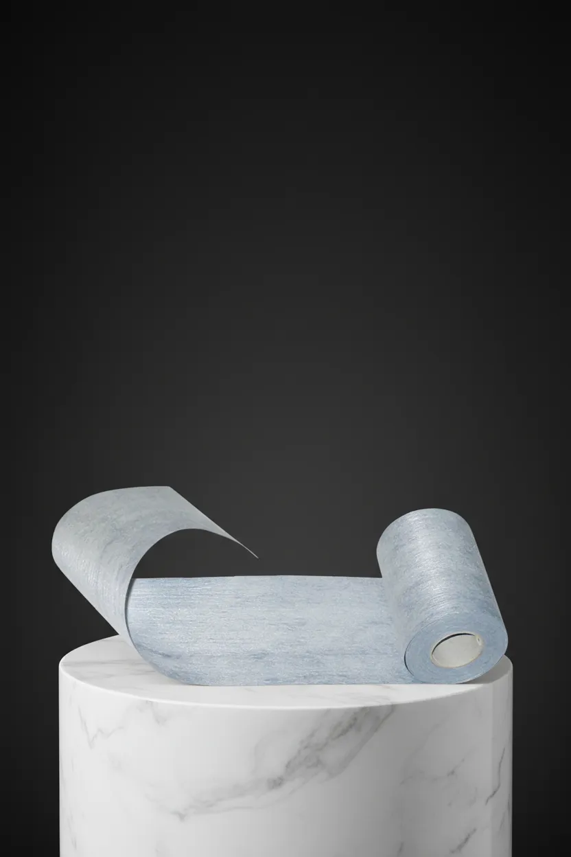 Rotolo di carta assorbente blu su piedistallo in marmo bianco.