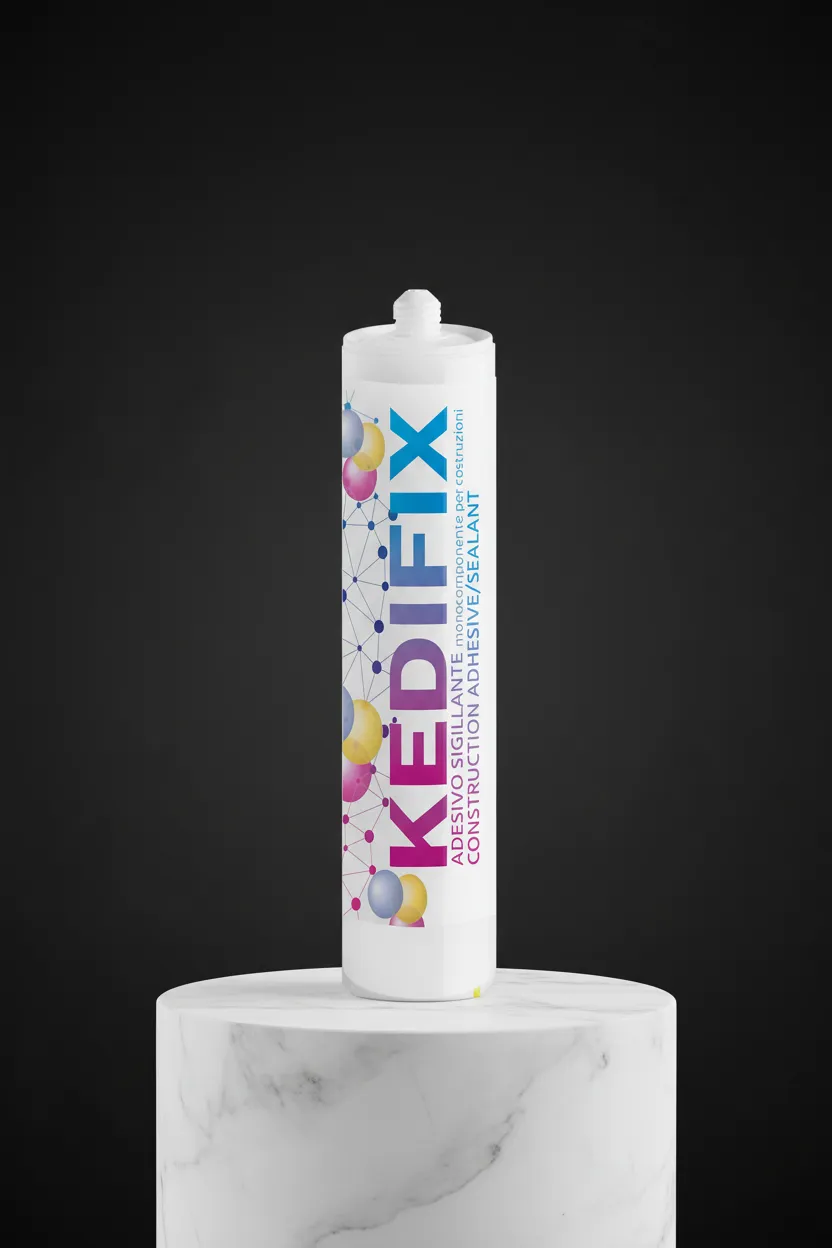 Eine weiße Tube KEDIFIX-Dichtungskleber auf einem Marmorsockel.