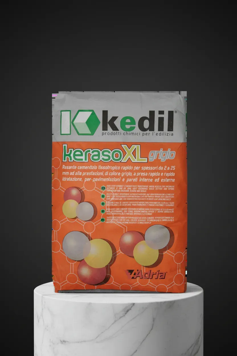 A bag of K Kedil kerasoXL gray adhesive mortar on a marble pedestal.