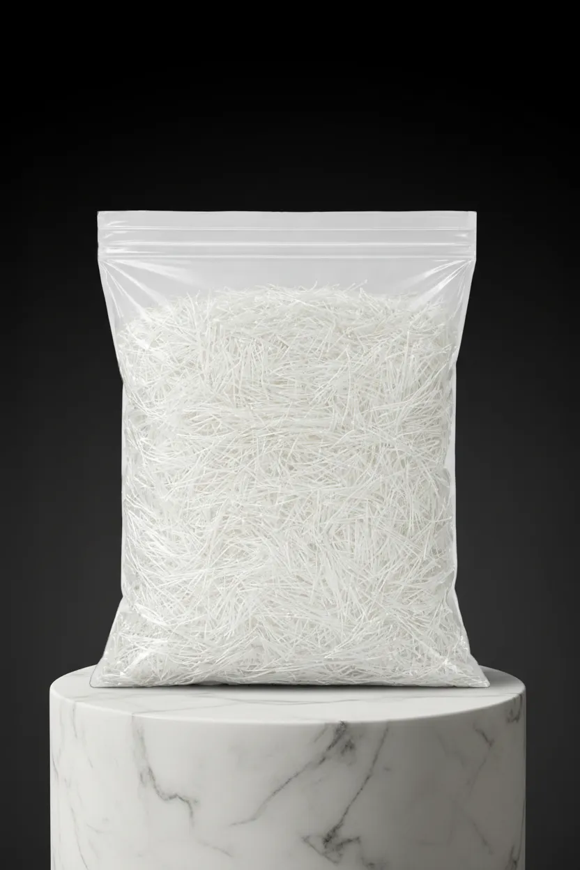 Fibre bianche e leggere in sacchetto trasparente con chiusura a zip, ideali per imballaggio, imbottitura o decorazioni.