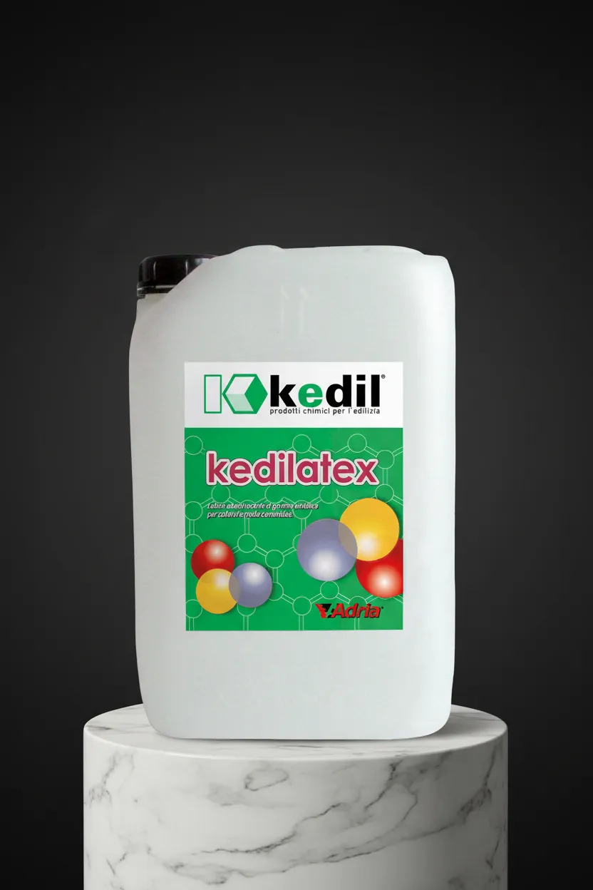 A container of Kedilatex building chemicals is on a marble pedestal.