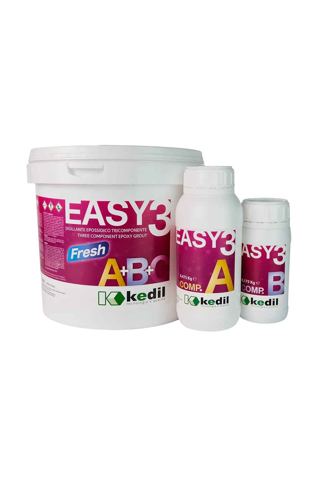 Drei Behälter mit dreikomponentigem Easy3 Epoxid-Dichtstoff von Kedil.