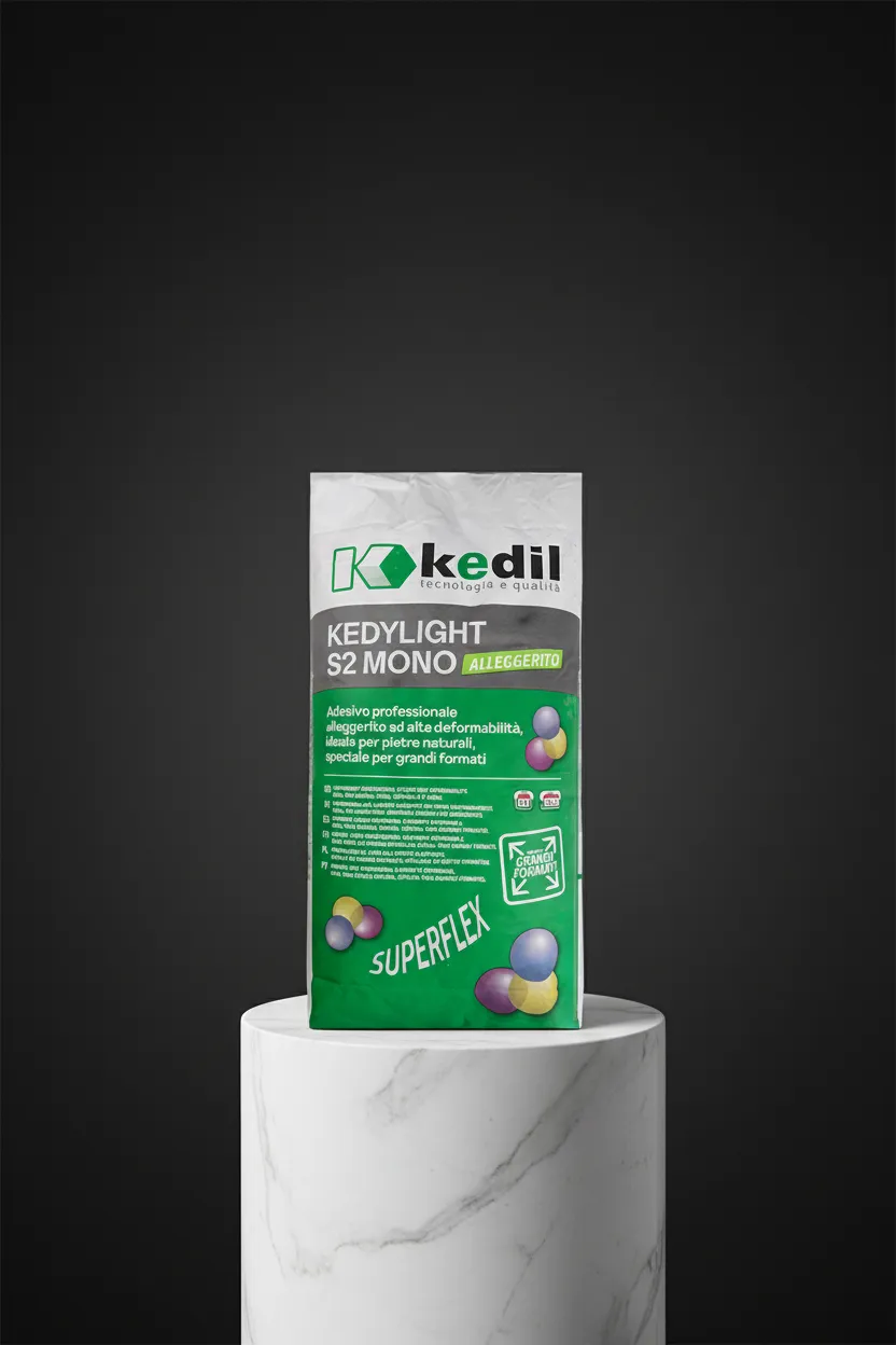 A rounded-corner bag of professional lightweight adhesive Kedil Kedylight S2 Mono Aliegerito for natural stone materials and large formats.