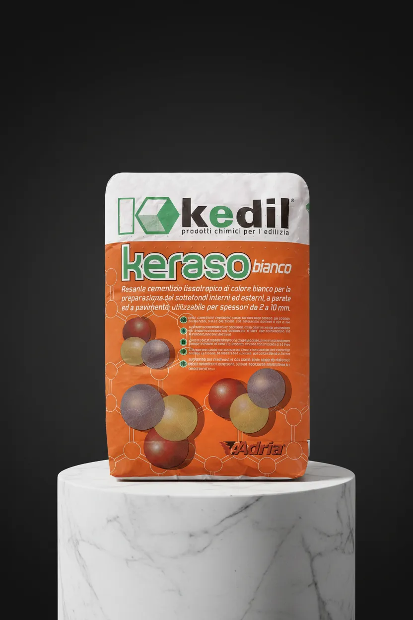 Eine Packung weißen Kedil Keraso Zementmörtels auf einem weißen Marmorsockel.