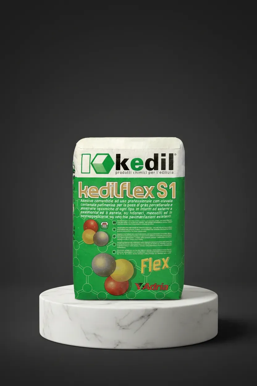 Ein Sack Kedilflex S1 Zementkleber, auf einem Marmorsockel.