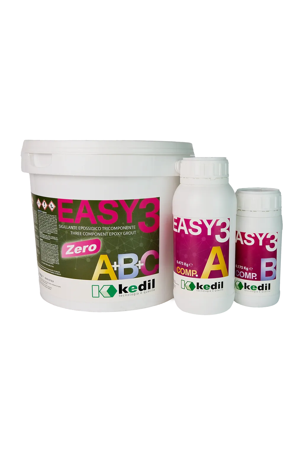 Drei Gebinde EASY3, ein dreikomponentiger Epoxidharz-Dichtstoff.