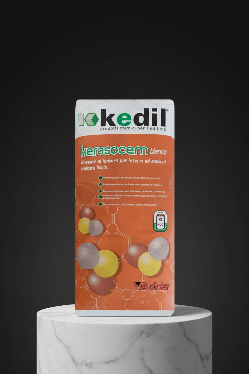 A bag of white Kerasocem on a marble stool.