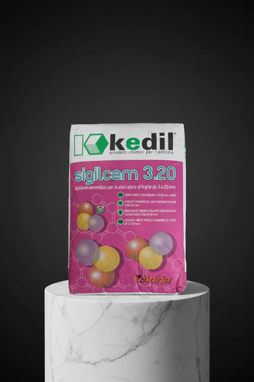 Ein Sack Kedil Zementdichtstoff auf einem Marmorsockel auf schwarzem Hintergrund.