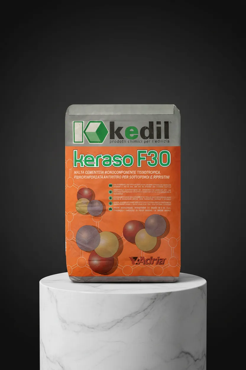 A bag of Keraso F30 cement-based building filler on a display stand.