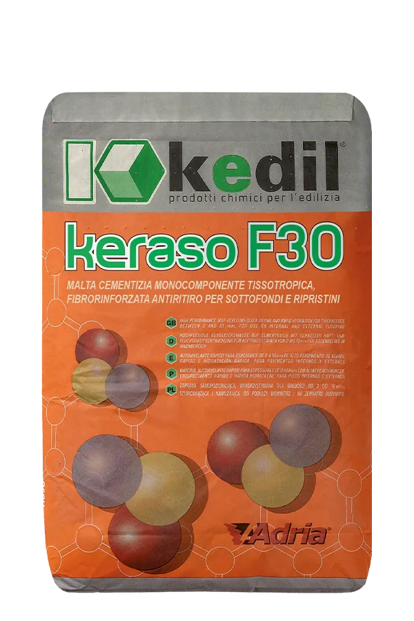 Kedil Keraso F30: thixotropic one-component cementitious mortar for subfloors and repairs.