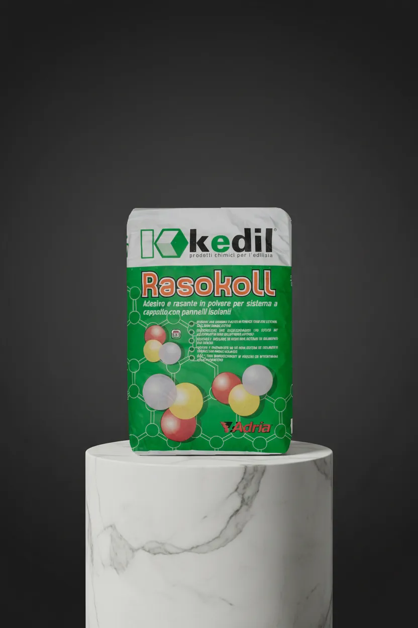 A bag of Rasokoll powder adhesive and skim coat for external insulation systems with insulating panels.