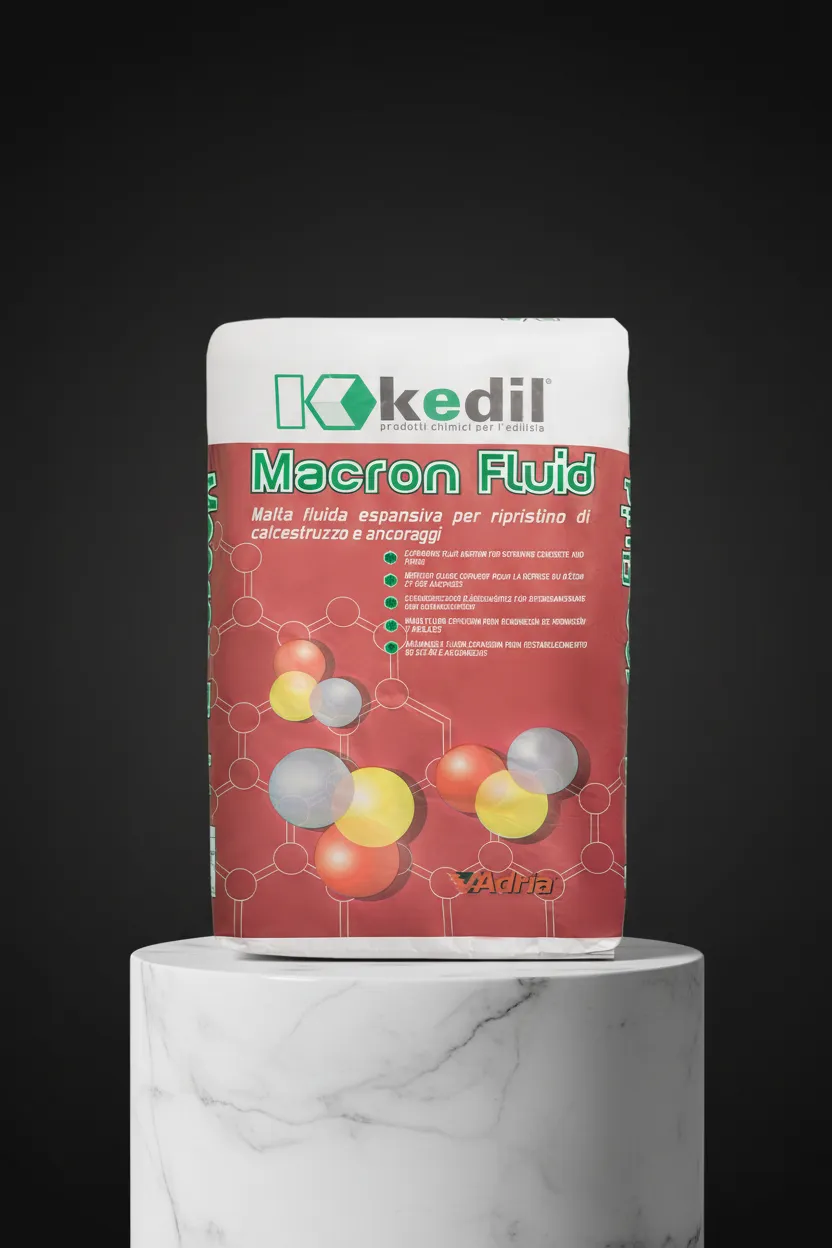 A package of Macron Fluid expansive fluid mortar on a marble pedestal.