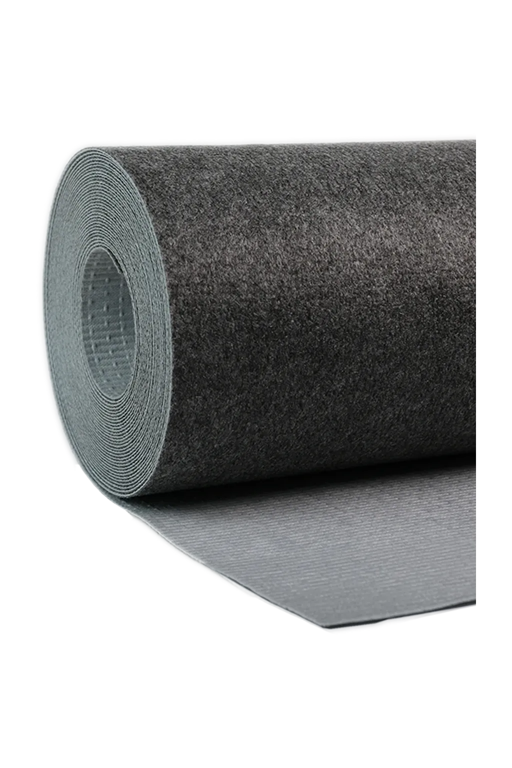 A roll of gray carpet on a black background.