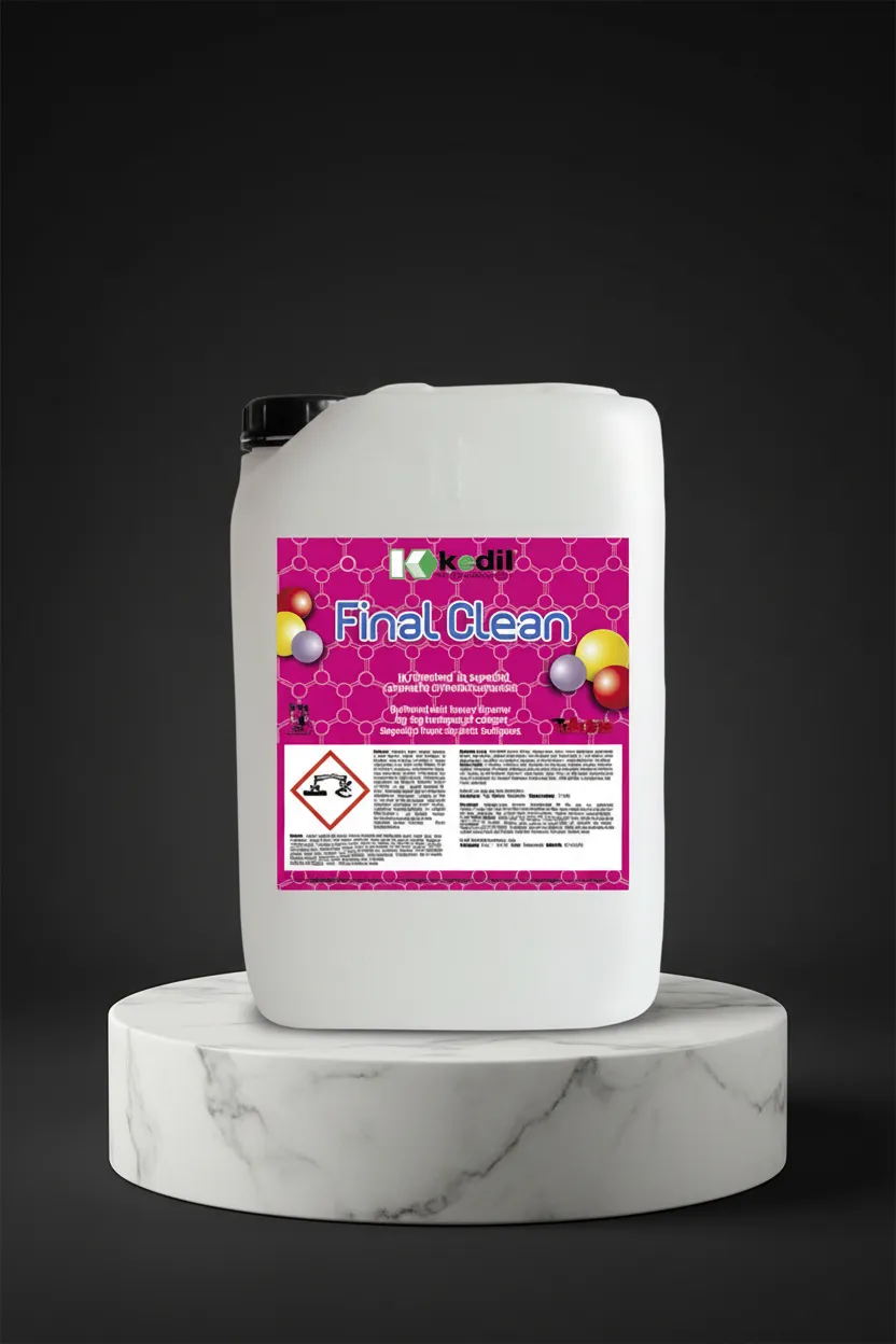 Kk dil Final Clean, detergent in a white container on an elegant marble pedestal, for effective cleaning.