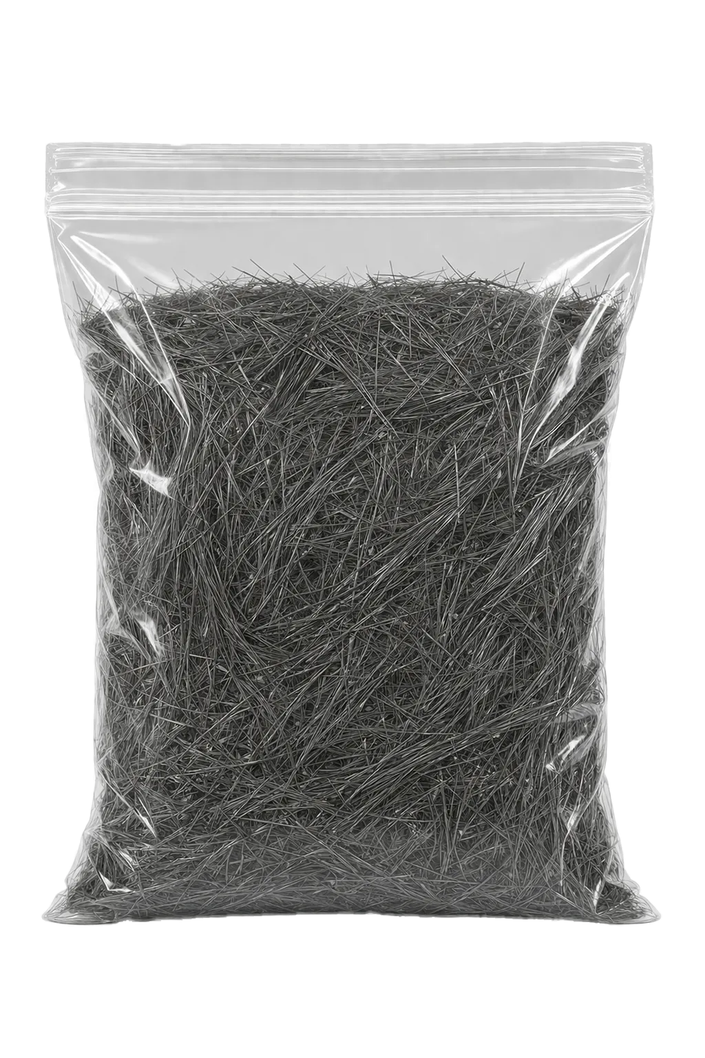 Bag of gray pine needles on a black background.