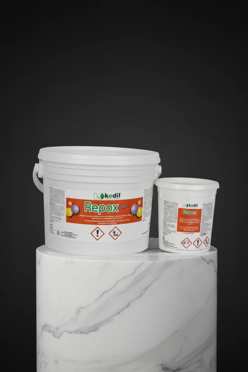 Two containers of K KEDIL Repox on a marble pedestal.