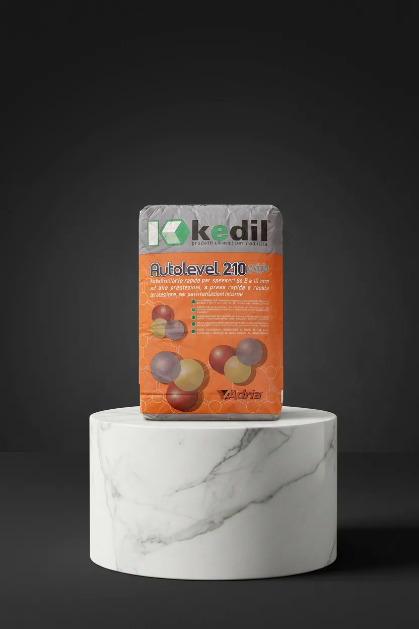 Bag of Kedil self-leveling compound on a marble pedestal.