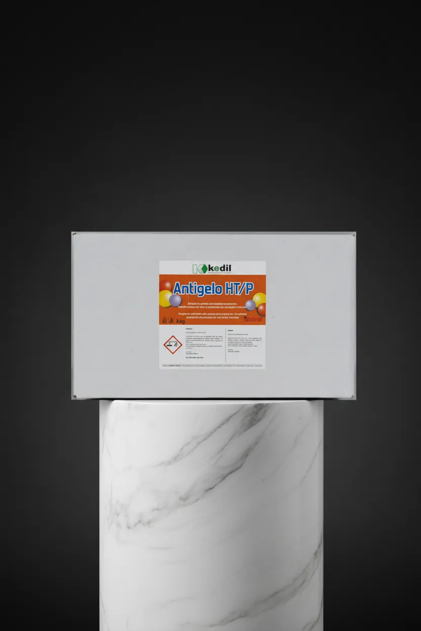 Container with KEDIL HT/P antifreeze on a white stand with marble veins.