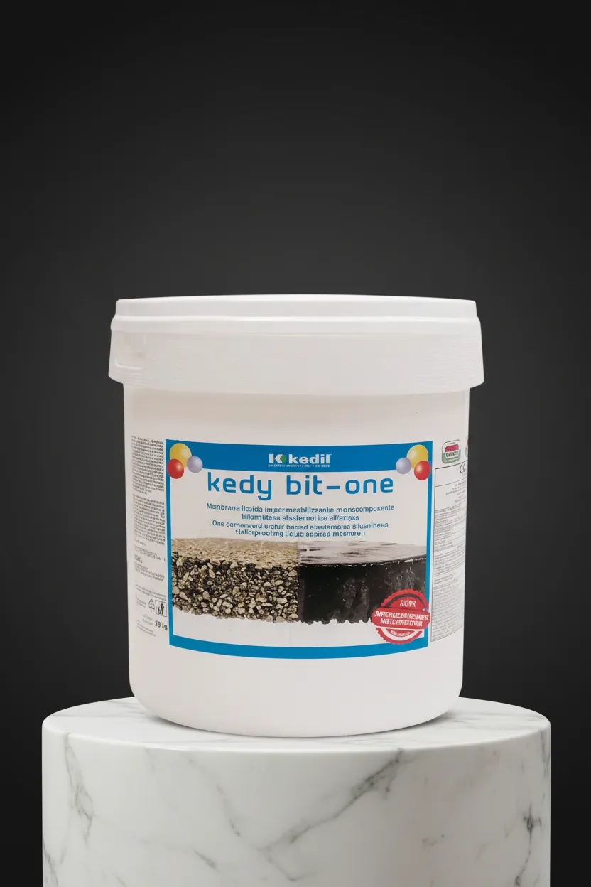 A jar of Kedy bit-one, single-component liquid waterproofing membrane, on a marble pedestal.