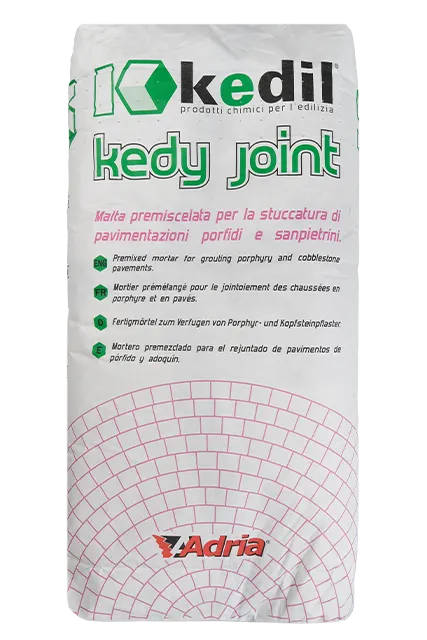 Bag of premixed Kedil Kedy Joint mortar for grouting porphyry and cobblestone pavements.