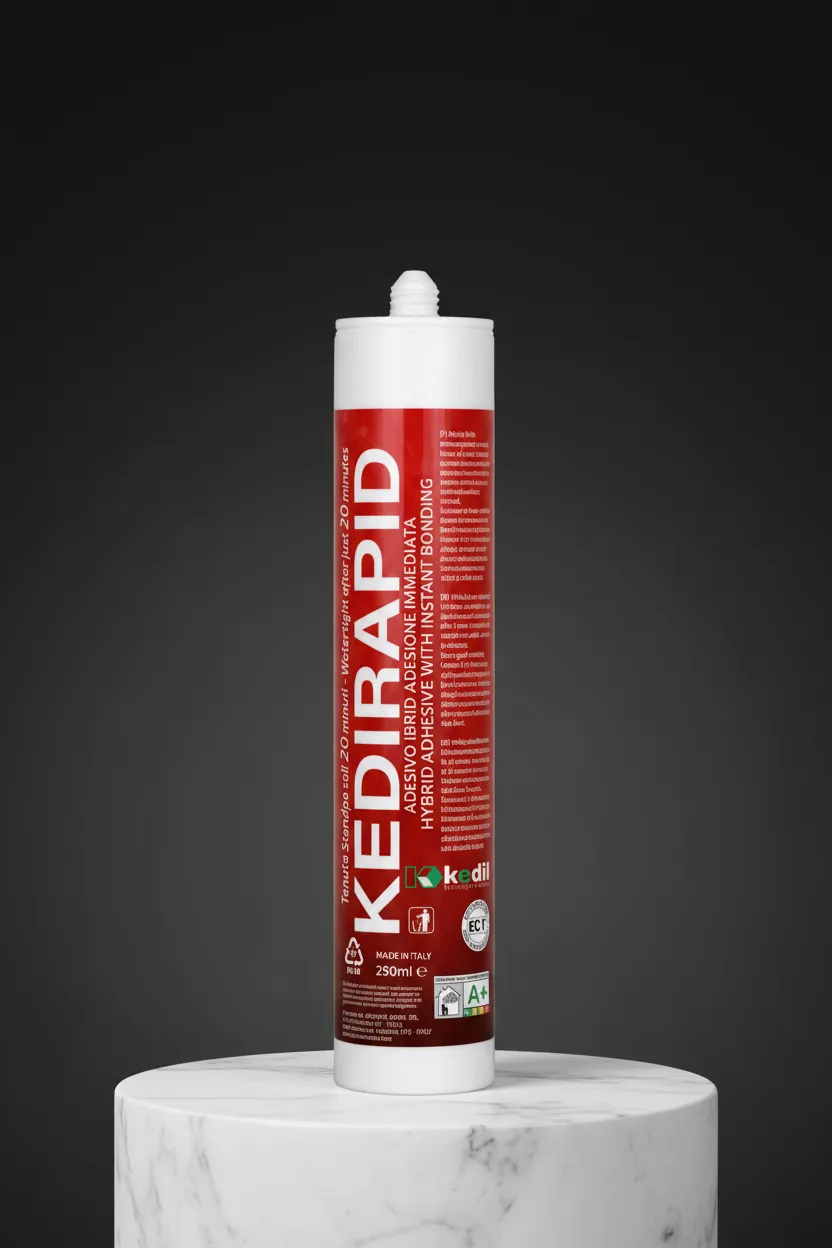 KEDIRAPID: adesivo ibrido Made in Italy con presa immediata, esposto su elegante piedistallo in marmo.