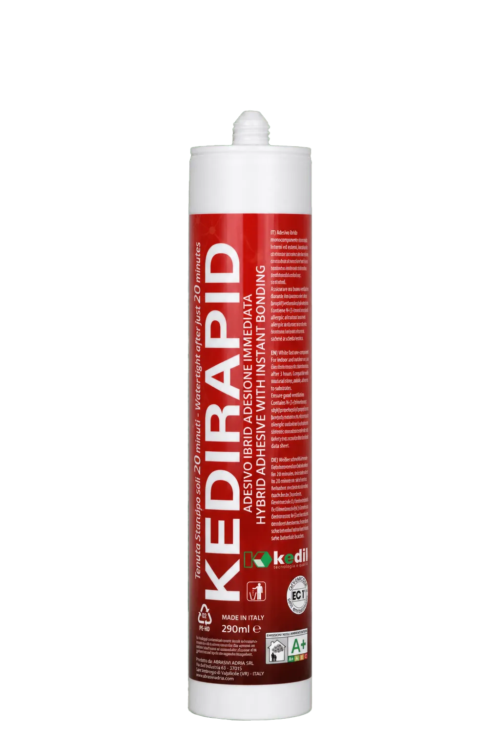 KEDIRAPID Hybrid Adhesive for instant bonding, watertight in just 20 minutes. Made in Italy, 290ml.