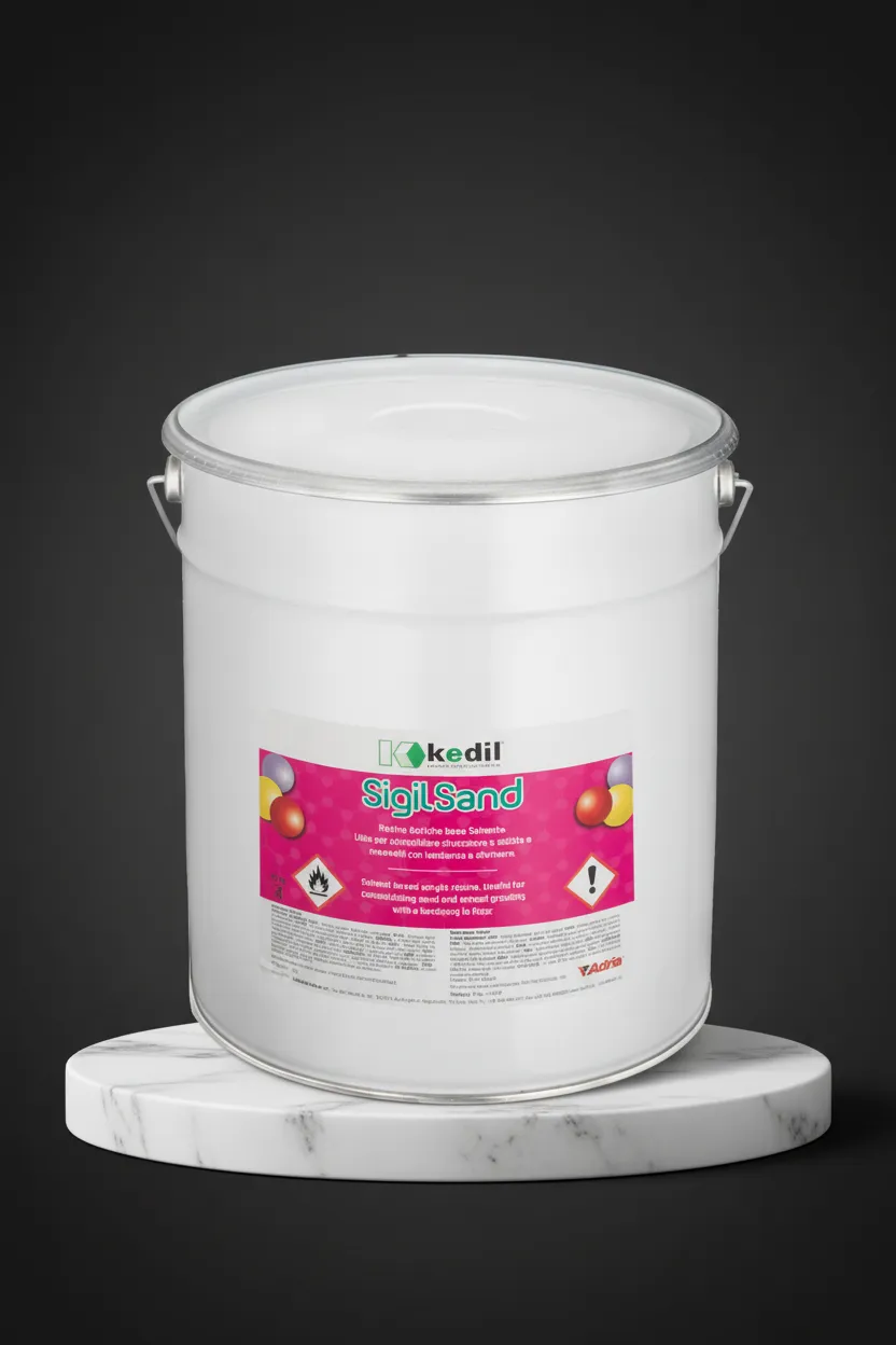 Kedil brand Sigil Sand jar on a white marble stand. Pink label with warnings. On a black background.
