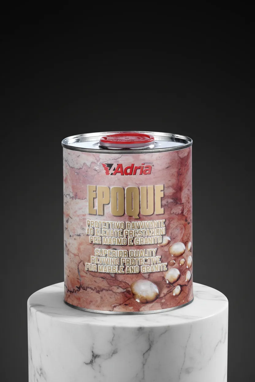 A can of Adria Epoque protective revitalizer for marble and granite on a marble pedestal.