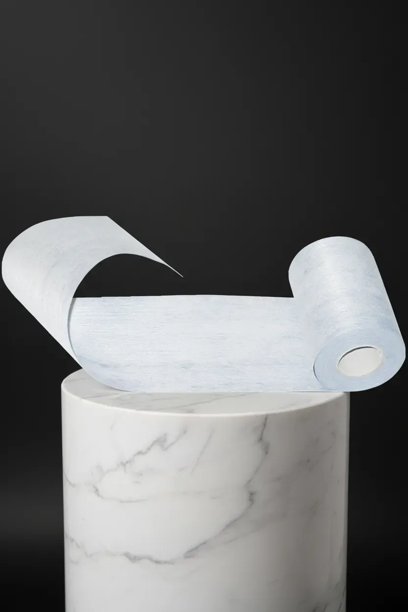 Rotolo di tessuto su piedistallo in marmo.