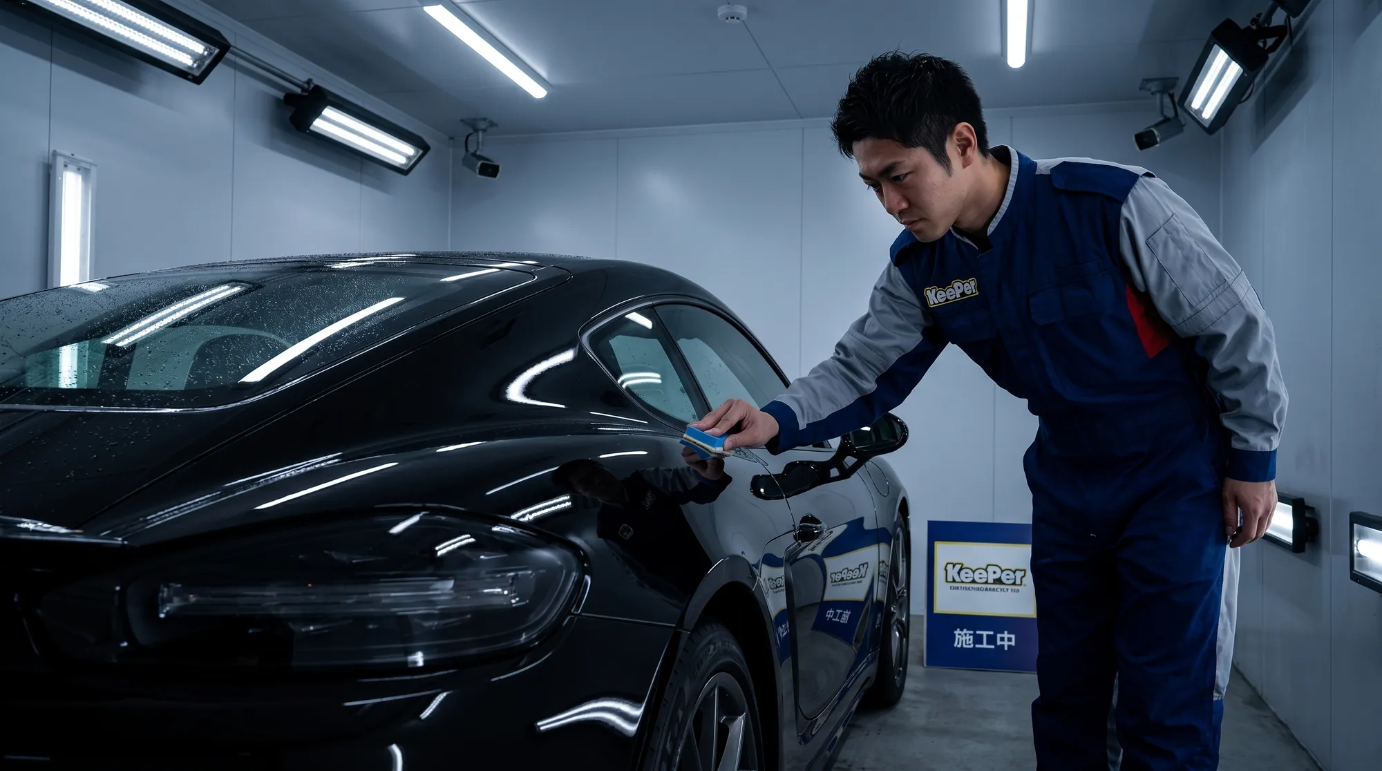 特殊照明に照らされた黒いスポーツカーへ、スタッフが丁寧にコーティングを施す様子。プロの技術が光る、ダークトーンでまとめられた屋内ブースでの施工シーンです。
