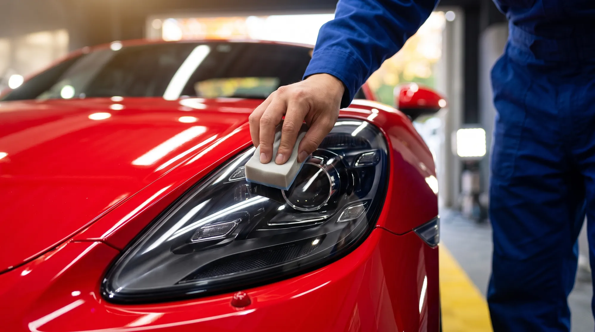 赤いスポーツカーのヘッドライト周辺に、専用スポンジでコーティング剤を塗布する手元