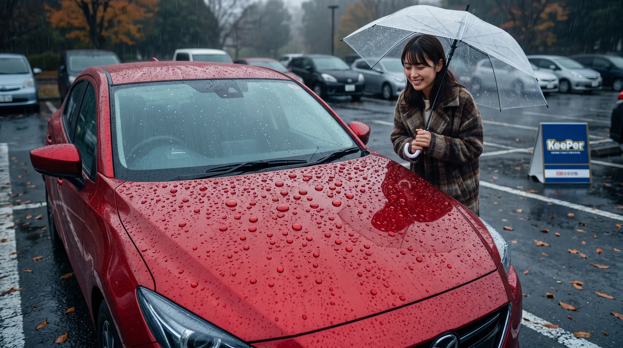 小雨が降る駐車場で、赤いセダンのボンネットから雨粒が汚れと一緒に転がり落ちる様子。傘をさした女性が、綺麗に水を弾く美しいボディを満足そうに見つめるシーンです。