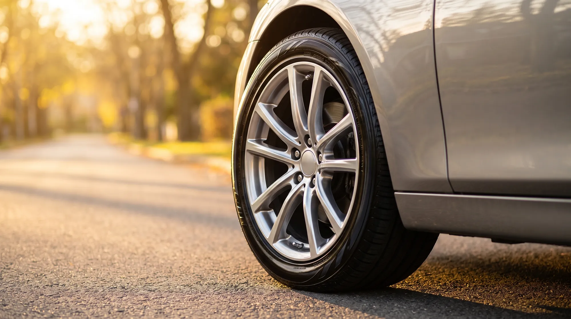 秋の西日に照らされた、磨き上げられた車のアルミホイールと艶のあるタイヤのクローズアップ。金属の輝きとゴムの重厚感から、足回りの美しい仕上がりが伝わる様子。