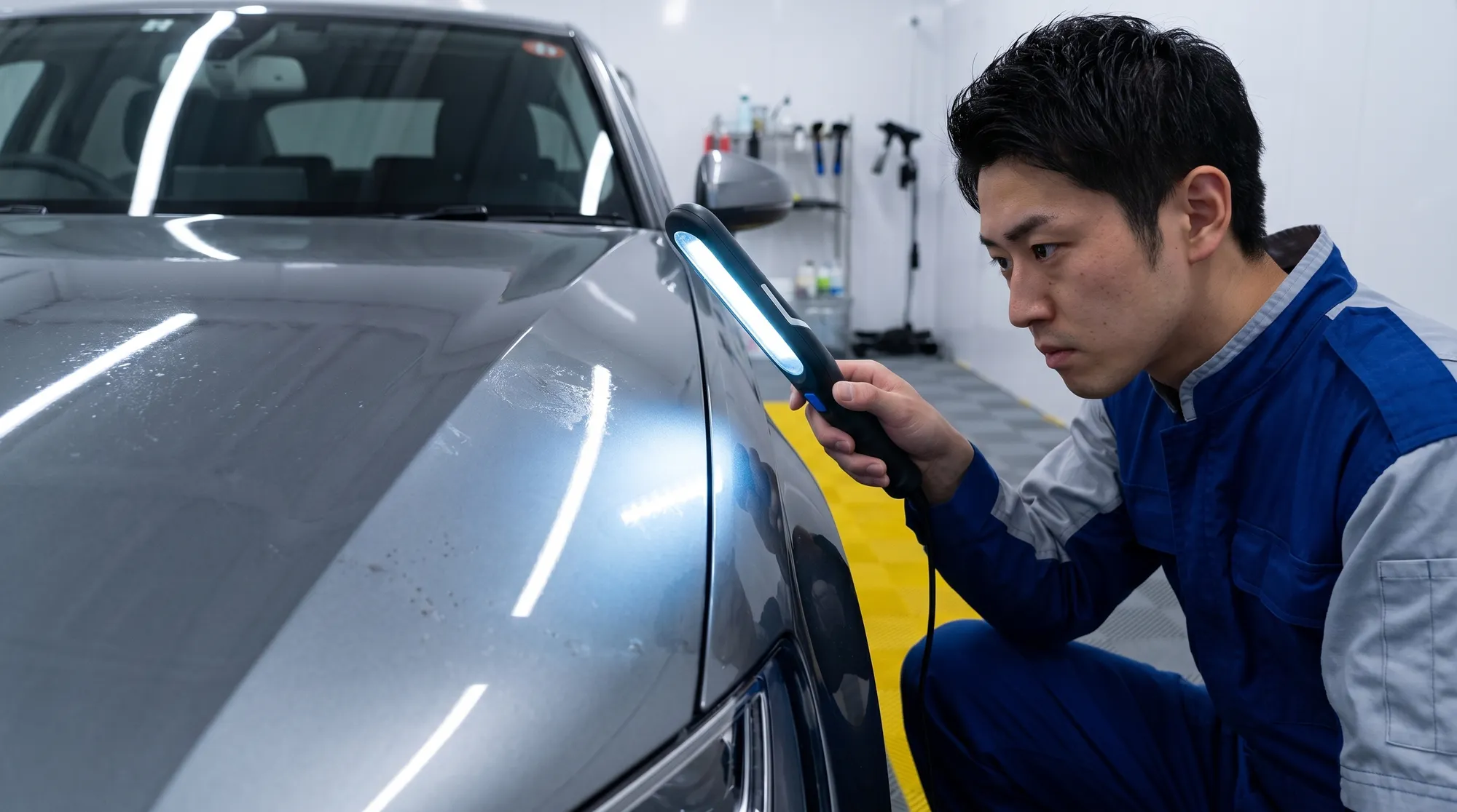 コーティング施工ブースで、スタッフがLEDライトを車のボンネットに当てて塗装状態をチェックしているクローズアップ。光と影が質感を浮かび上がらせる様子です。