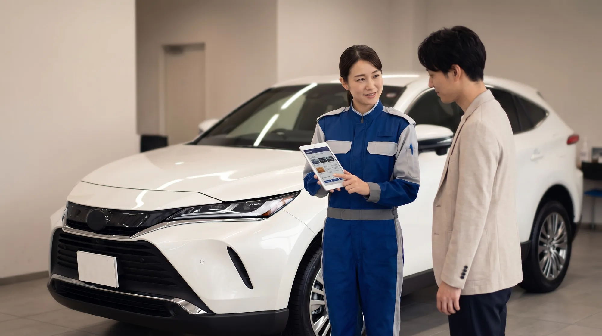カーコーティング店で、制服姿のスタッフがタブレットを用いて顧客に丁寧に説明している様子。背後には美しく磨き上げられた白いSUVが配置されているシーンです。