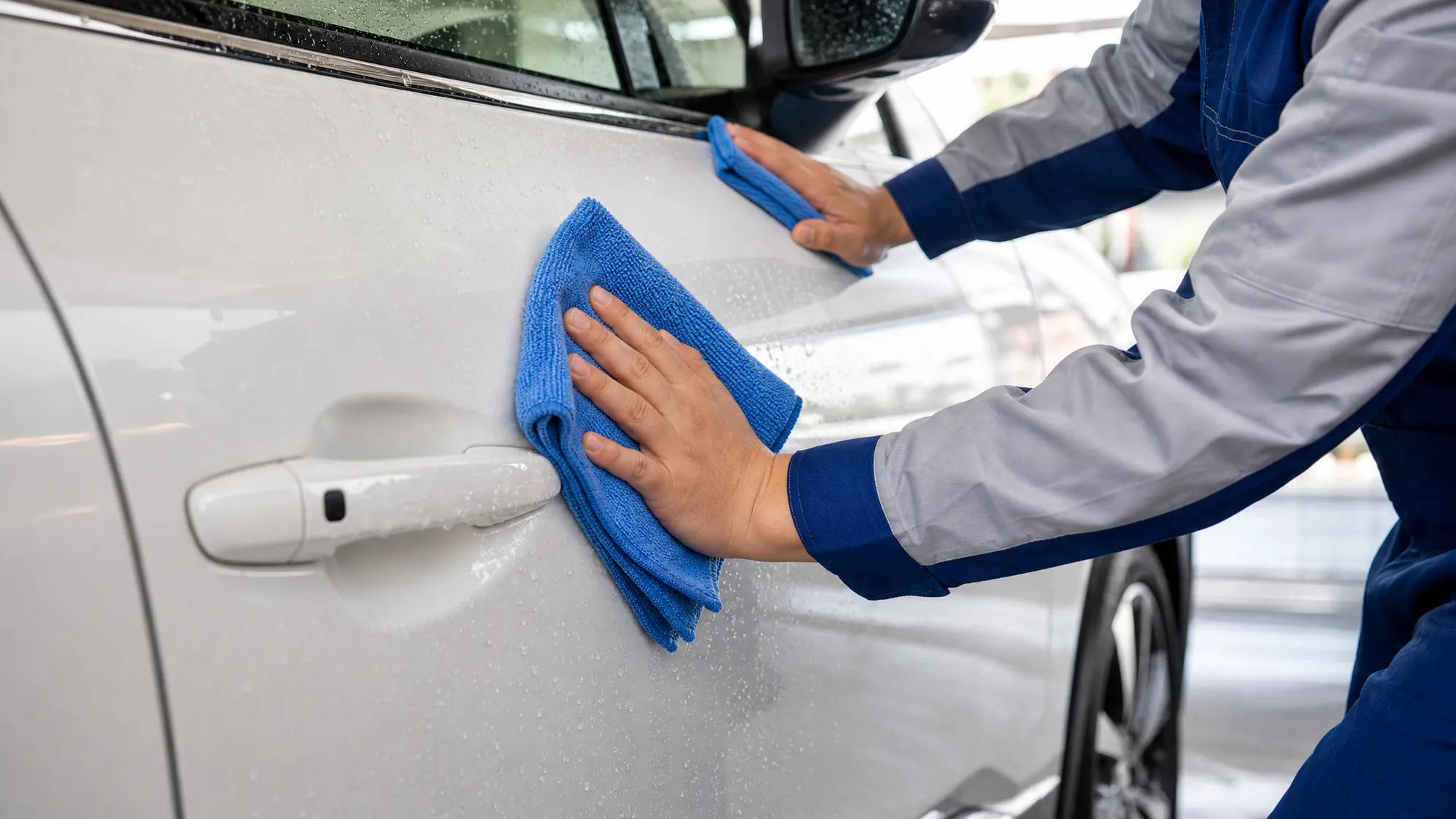 スタッフが青いクロスで水滴を弾く白い車のドアパネルを丁寧に拭き上げる両手