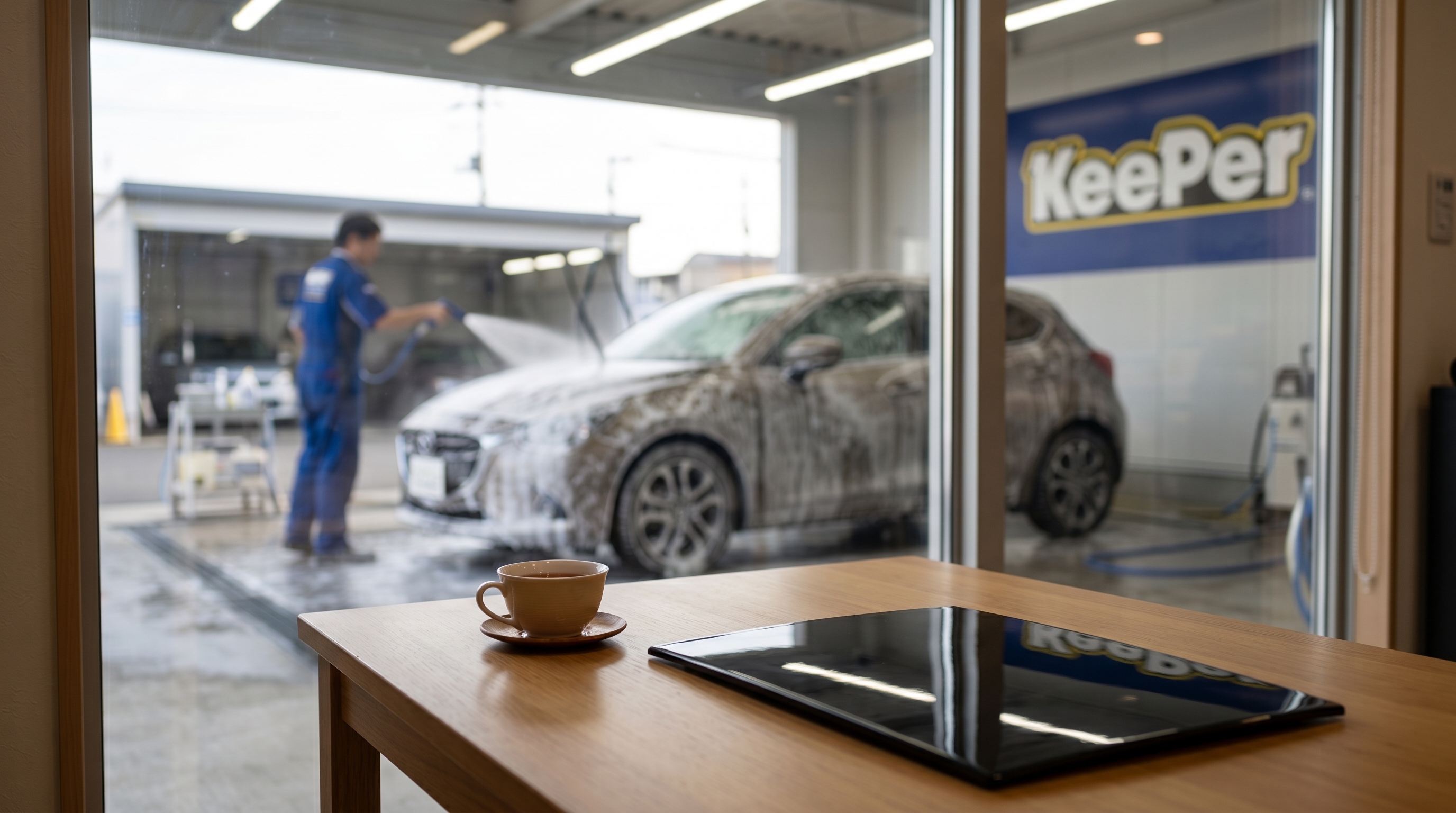 カーコーティング専門店の待合室の様子。手前のテーブルにお茶とパネルが置かれ、大きなガラス窓越しに屋外スペースで洗浄途中の車がぼんやりと見えています。