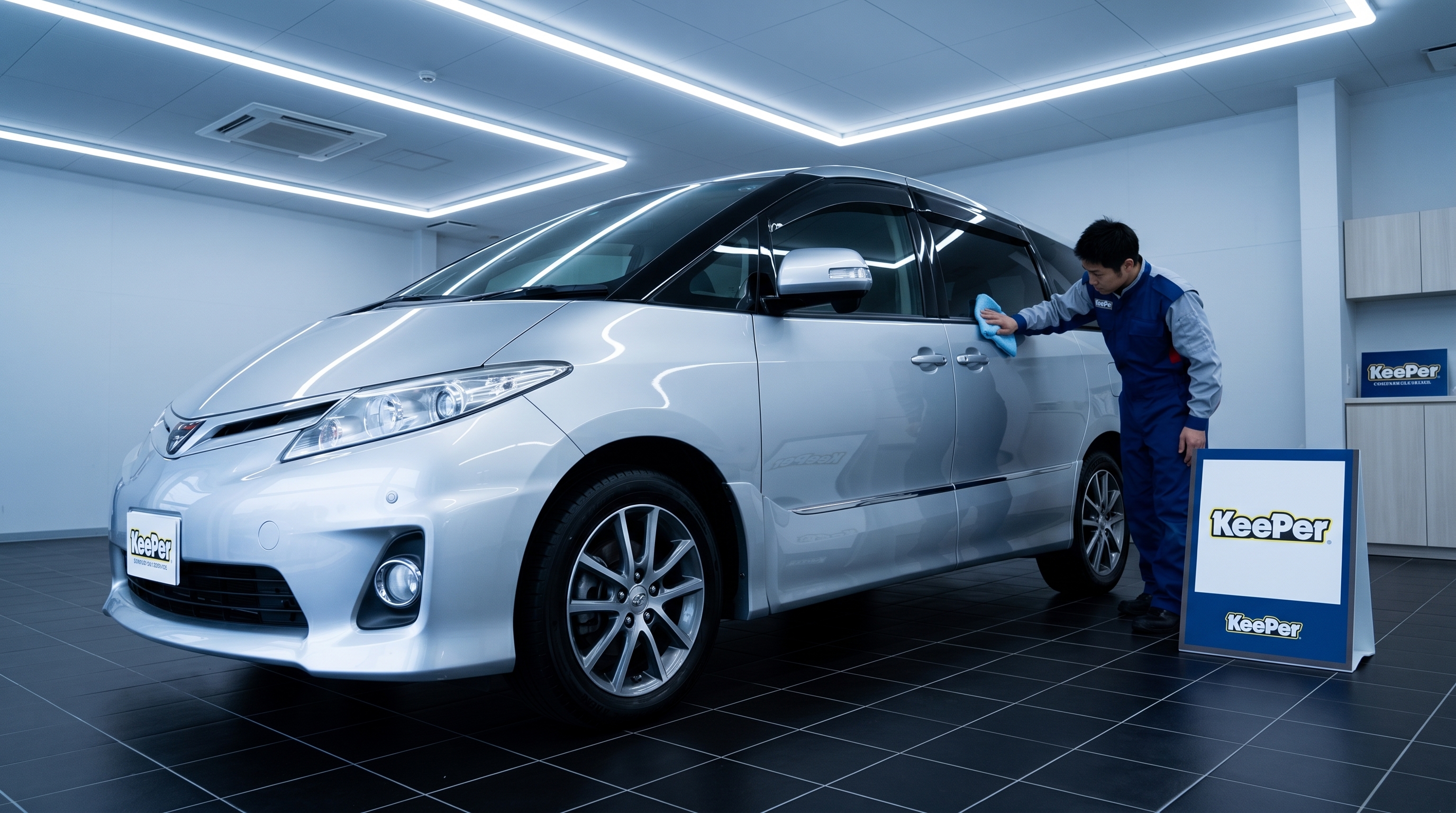 車検とコーティングを終えて納車を待つ、ピカピカのシルバーのミニバンの様子。清潔な専用ブースで、スタッフが最終確認としてボディを優しく拭き上げているシーンです。