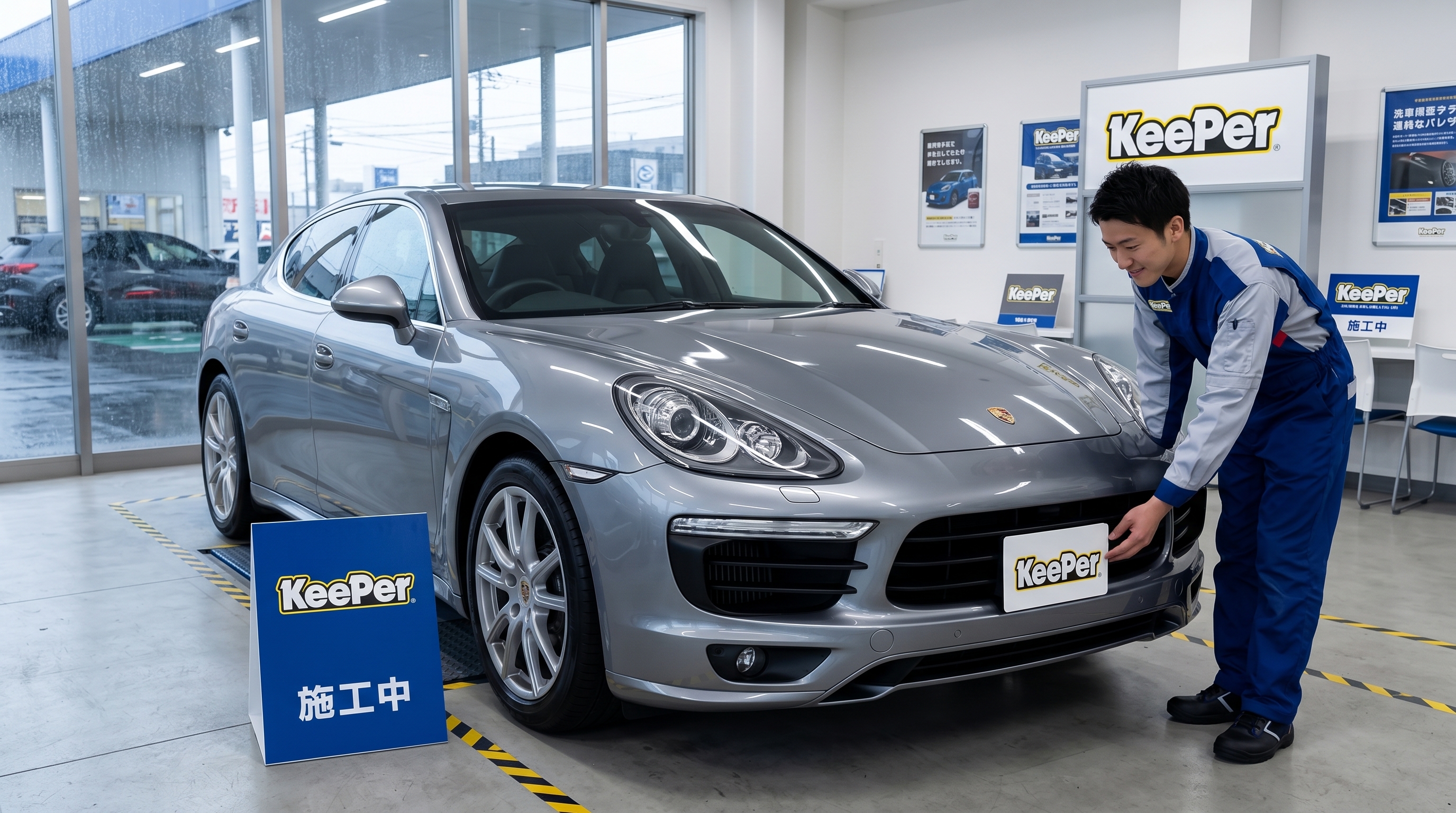 明るいショールームでカーコーティングが施工され、艶やかに仕上がった車の様子。磨き上げられた塗装面に照明の光が美しく映り込む、高級感のある落ち着いたシーンです。