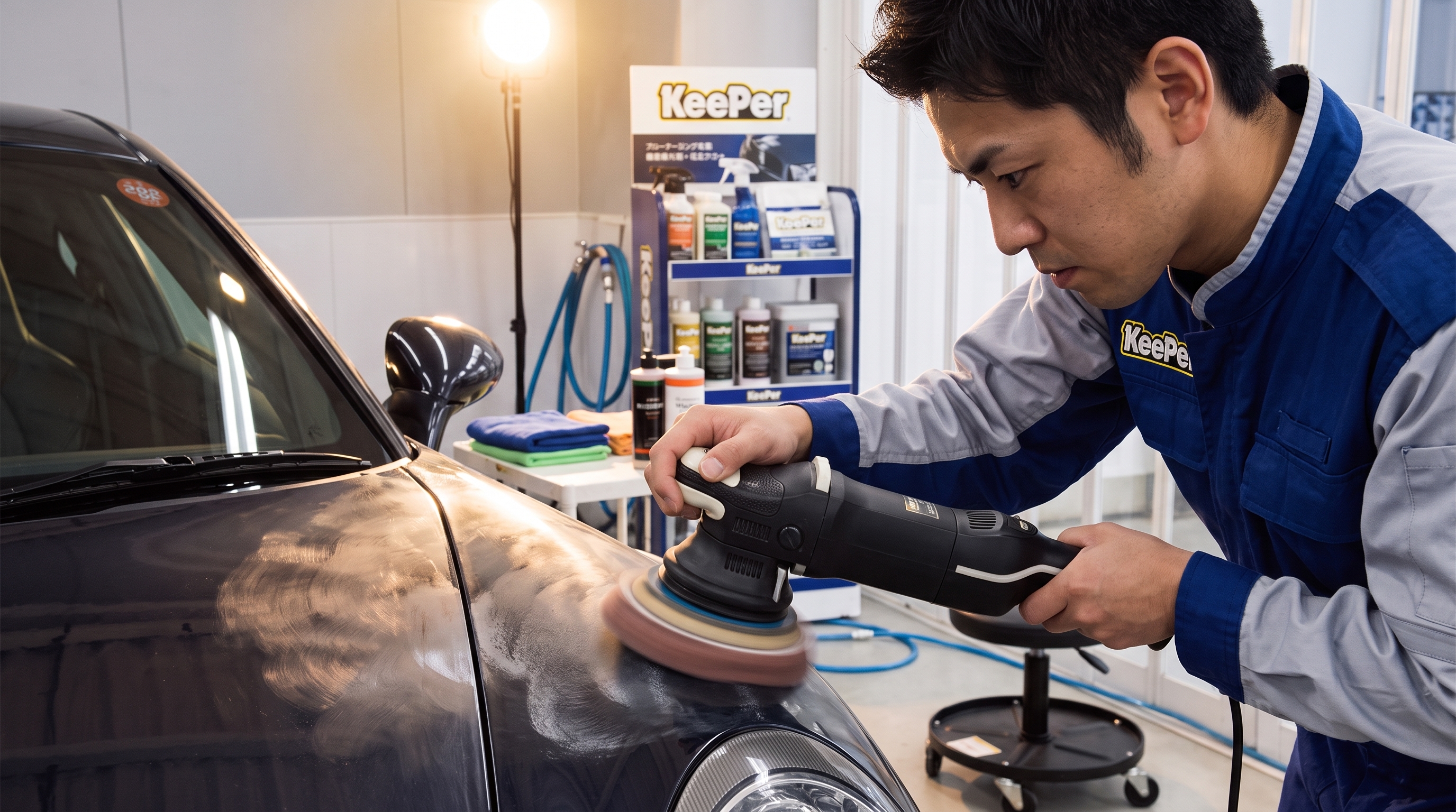 明るく清潔なピット内で、プロのスタッフが専用のポリッシャーを使用し、車のボディ表面の古いコーティング被膜を丁寧に磨き落としている作業シーン。