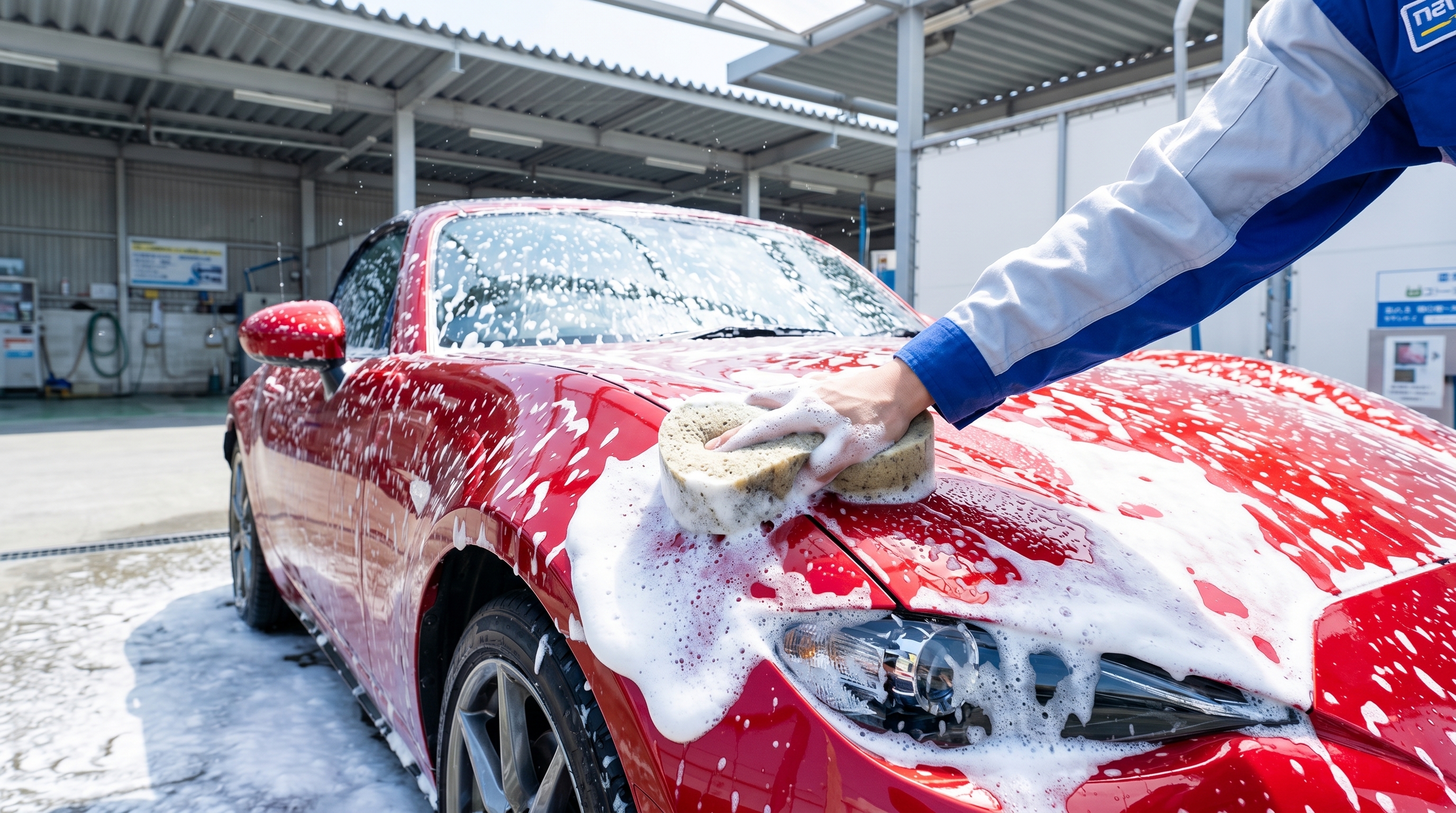 明るい洗車スペースで、たっぷりのきめ細かい真っ白な泡と専用のスポンジを使い、赤いスポーツカーを優しく丁寧に手洗い洗車しているスタッフの手元のクローズアップ。